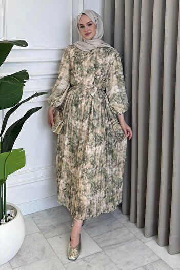 Beige Store Piliseli Desenli Elbise Küf Yeşili
