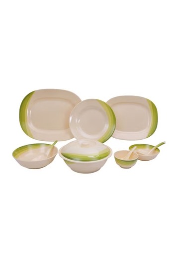 ROYALFORD 64-Piece Melamine Dinnerware Set RF8101 – Beige/Green | Oval & Round Plates, Bowls, Spoons