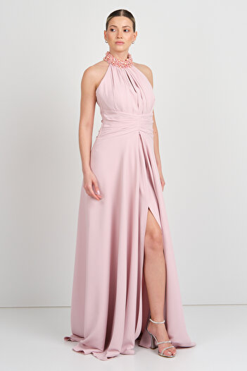 Saygın Women's Halter Neckline and Collar Stone Detailed A-Line Maxi Evening Dress 5619 Powder