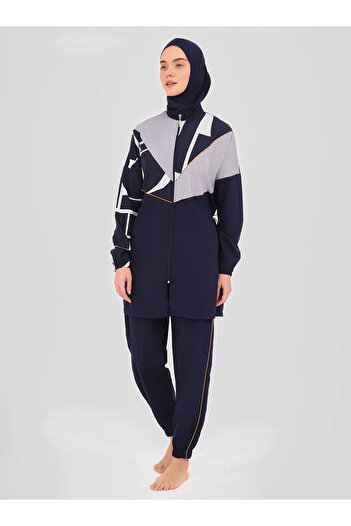ALFASA Volta Neon Piping Decorated Hijab Swimsuit - Navy Blue -