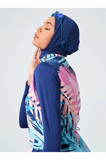 ALFASA Patterned Piping Decorated Hijab Swimsuit - Indigo -