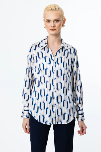 Ekol Patterned Chiffon Blouse Indigo-3102