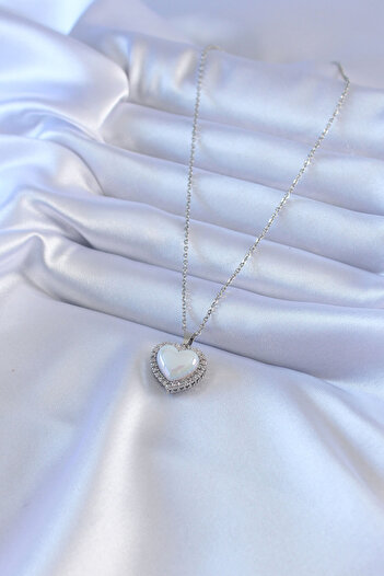 Clariss 316L Steel Silver Color Pearled Heart Model Zircon Stone Women's Necklace