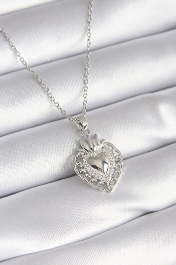 Clariss 316L Steel Silver Color Zircon Stone Detail Crown Heart Model Women's Necklace