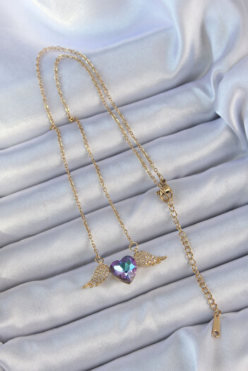 Clariss 316L Steel Chain Gold Color Blue Purple Zircon Stone Winged Heart Necklace