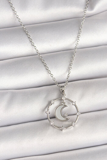 Clariss 316L Steel Silver Color Chain Zircon Stone White Enameled Crescent Model Women's Necklace