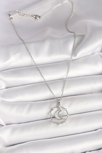 Clariss 316L Steel Silver Color Chain Zircon Stone White Enameled Crescent Model Women's Necklace