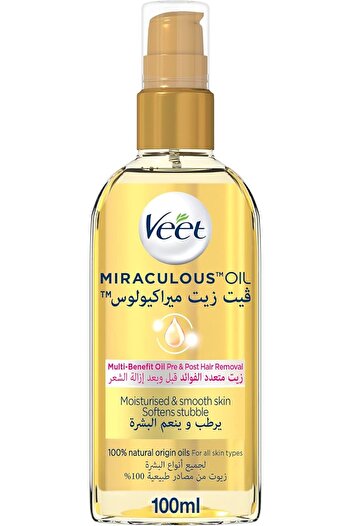 Veet Miraculous Multi Benefit Pre & Post Hair Removal Oil with 100% Natural Origin Oils, 100 ml, Yel