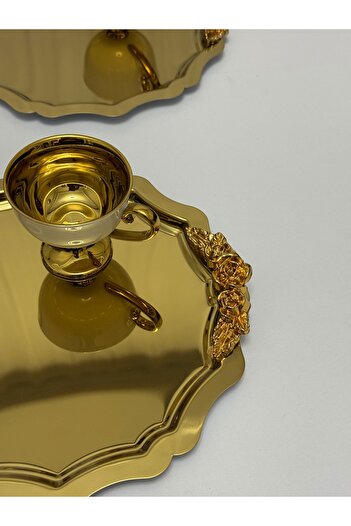 SEVA ÇELİK 2 Pcs Gold Round Wavy Handle Model Service and Presentation Tray