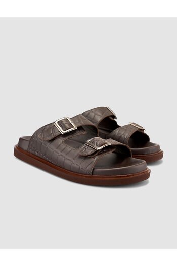 Cabani 100% Genuine Leather Croco Pattern Brown Men's Slippers
