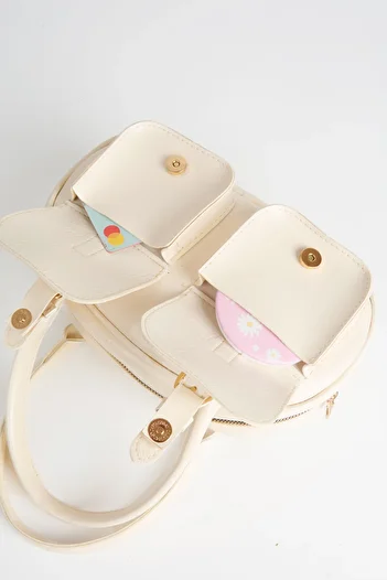 Vivaq Women's Çiğdem Cream 3-Pocket Zipper and Snap Closure Adjustable Strap Handbag and Shoulder Bag
