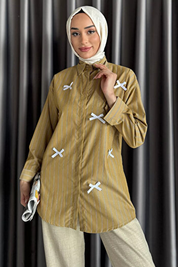 julude Μπεζ ριγέ φιόγκο με λεπτομέρεια Hijab τουνίκ