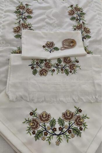 Çeyiz Diyarı Cross Stitch Embroidered Bundle Set Flower Coffee