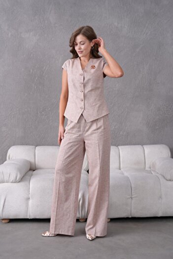 nodilife Women's Suit with Brooch Linen Vest Salmon