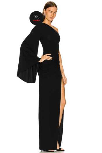 Zagrep Women's Black One Shoulder Slit Sleeve Detailed Lined Silk Jersey Maxi Dress