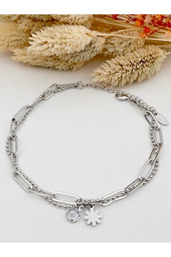 Siya Silver Topcuklu Paperclip Chain Steel Anklet - Double Chain Anklet Anklet