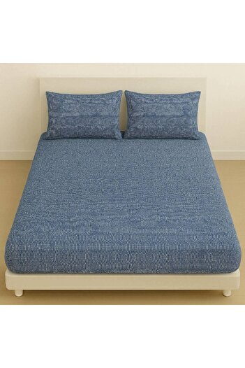 Sinada Home Single Blue Colored Oval Striped Deep Elastic Sheet and Pillow Case