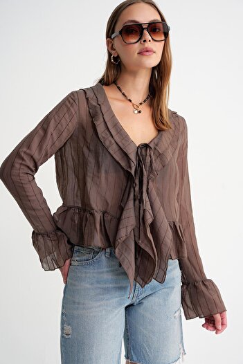Mixray 4710 Women's Flounced Transparent Bolero Blouse Brown