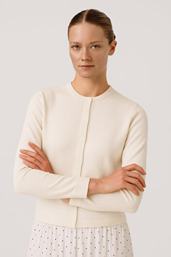Triko Mısırlı Ecru Buttoned Women's Cardigan