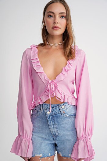 Mixray 4712 Kadın Volanlı Modal Bolero Bluz Pembe