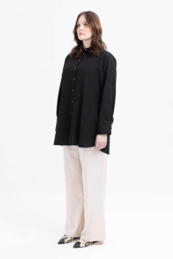 ALLDAY Black-Large Size Linen Shirt with Cuff Slit Detail