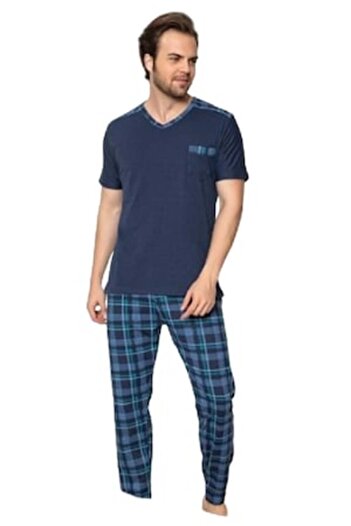 pamuklu Men's Pajamas, Cotton, Long Pants, Short Sleeve Shirt, Navy Blue, S