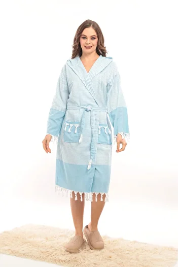 Lio20 Unisex Hürrem Tassel Model Bathroom-Pool-Sea-Beach Cotton Bathrobe-Turquoise