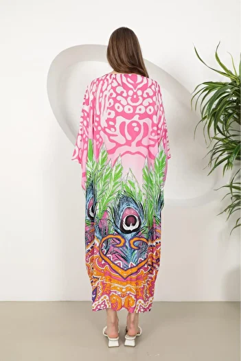 EL jadida Women's Plus Size Oversize Ring Detailed Viscose Long Dress Fuchsia