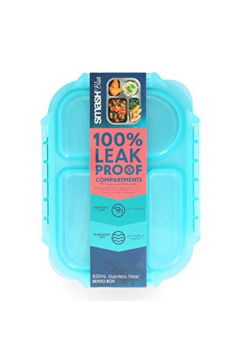 Smash 4-Compartment Leak Proof Microwave Safe Stainless Steel Bento Box Aqua and Silver 850ml