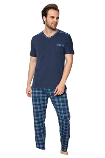 pamuklu Men's Pajamas, Cotton, Long Pants, Short Sleeve Shirt, Navy Blue, S