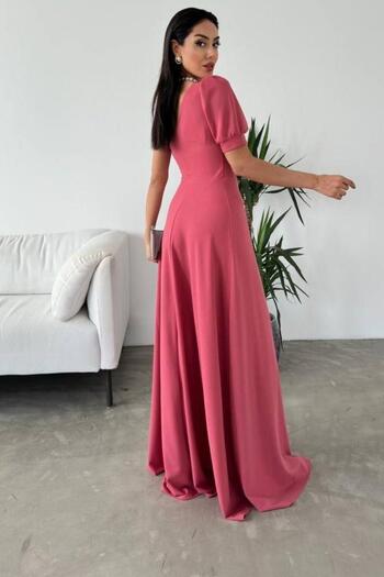 Mossta Tek Omuz Balon Kollu Uzun Abiye Elbise - Pembe