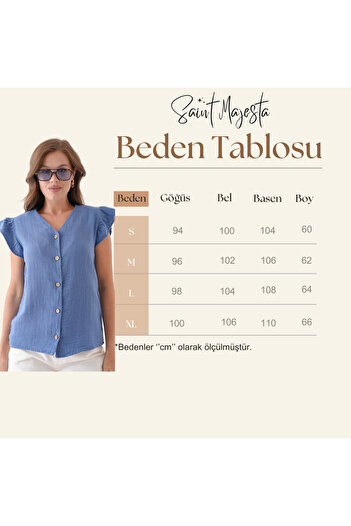 saint majesta Müslin Bluz Yelek 100% Pamuk V Yaka Düğmeli Volanlı - Kadın Şık Üst Giyim SM010