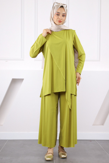 İmajButik Oil Green Front Detailed Sandy Tunic Trousers Set