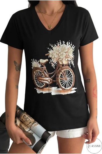 Cassime Women's Black Brown Bicycle V-Neck Sequin Sequin Embroidered 100% Cotton T-Shirt S-M-L