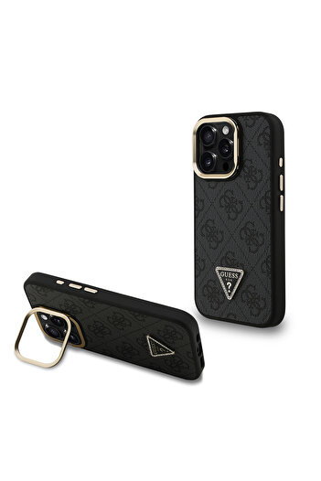 Guess iPhone 16 Pro Max Compatible Case Guess Licensed Pu Triangle Logo 4g Patterned Camera Stand Cover Black