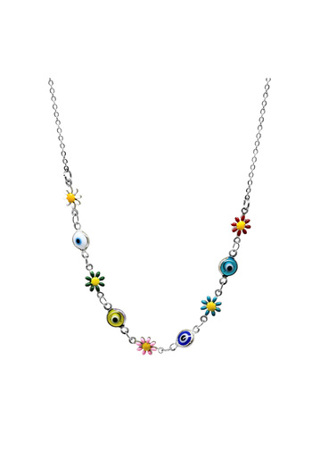 Tesbihane Silver Color Metal Chain Multicolored Wildflower Evil Eye Bead Detailed Women's Necklace