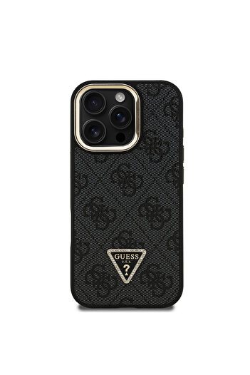 Guess iPhone 16 Pro Max Compatible Case Guess Licensed Pu Triangle Logo 4g Patterned Camera Stand Cover Black