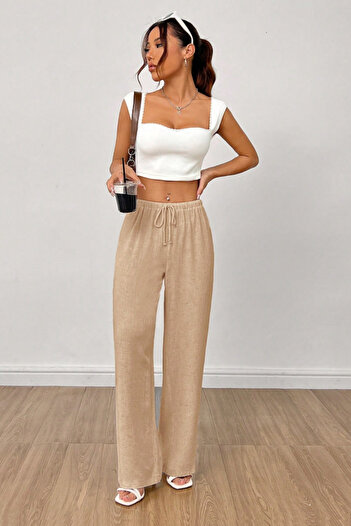 Tarz Cool Beige Wide Leg Muslin Women's Trousers