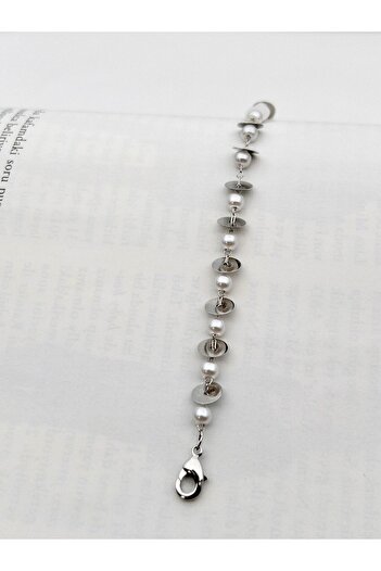 Siya Silver Steel Anklet with Sequin Pearl