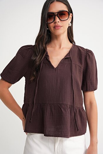 Mixray 4715 Women's Collar Tie Short Sleeve Muslin Blouse Brown