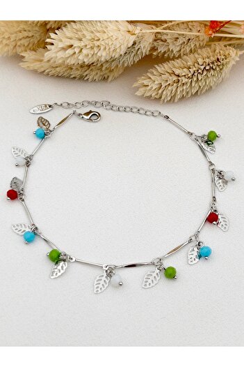 Siya Silver Colored Natural Stone Leaf Steel Anklet