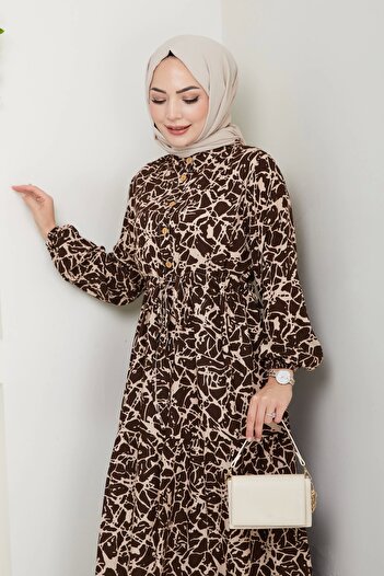 Moda MSK Brush Pattern Half Button Dress Brown