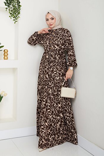 Moda MSK Brush Pattern Half Button Dress Brown