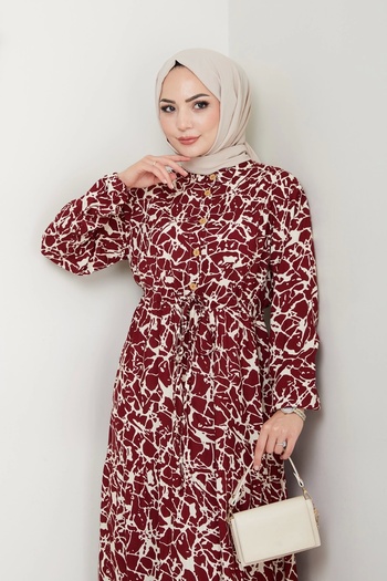 Moda MSK Brush Pattern Half Button Dress Red