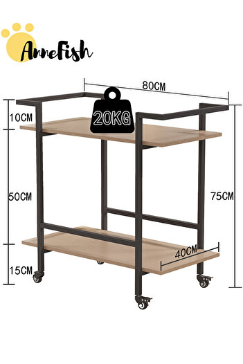 AnneFish 80*40*75cm 2 Tier Rolling Service Trolley Cart with Wheels Beverage Cart Protective Rails Kitchen