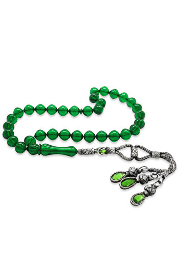 Tesbihane 1000 Sterling Silver Kazaz Tasseled Istanbul Cut Green Fire Amber Prayer Beads