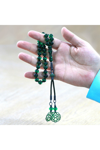 Tesbihane 1000 Sterling Silver Special Kazaz Tasseled Istanbul Cut Green Fire Amber Prayer Beads