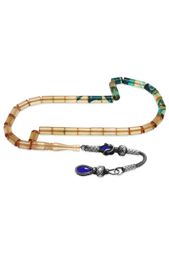 Tesbihane 1000 Sterling Silver Kazaz Tassels Cutout Cutout Transparent Blue White Fire Amber Prayer Beads