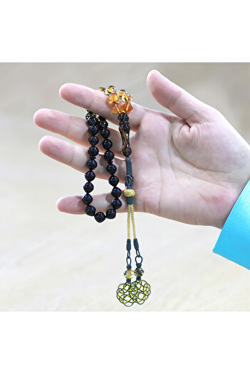 Tesbihane 1000 Sterling Silver Special Kazaz Tasseled Istanbul Cut Filtrated Black White Fire Amber Prayer Beads