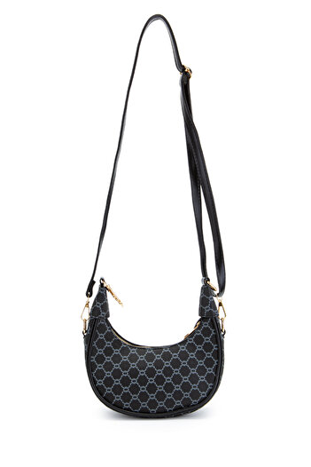 minebag Chain Patterned Faux Leather Baguette Women's Crossbody Bag Jenna Black